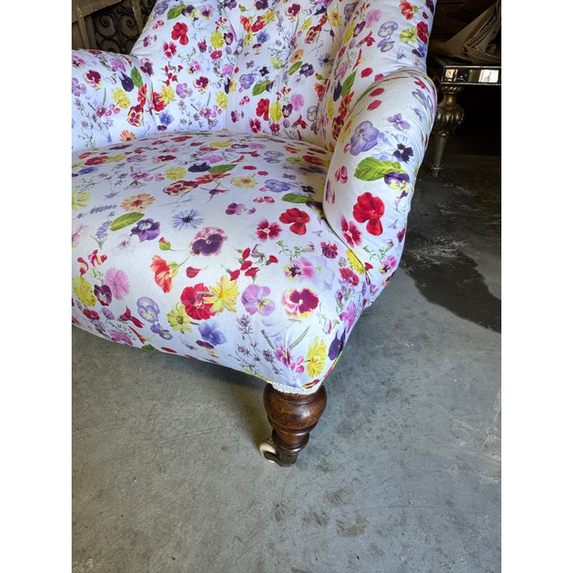 Late 19th Century Antique French Napoleon III Tufted Club Chair in Vibrant Pansy Floral Upholstery For Sale - Image 5 of 6