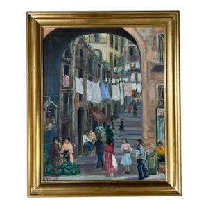 60's Vintage Yenica C. Urban Street Market Scene Impressionist Oil on Canvas Painting, Framed