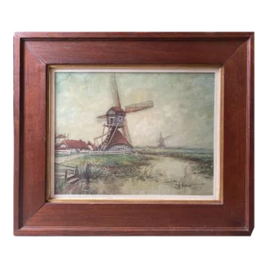 Dutch Scene With Windmills (Framed Antique Watercolor Landscape Painting), W. Encee