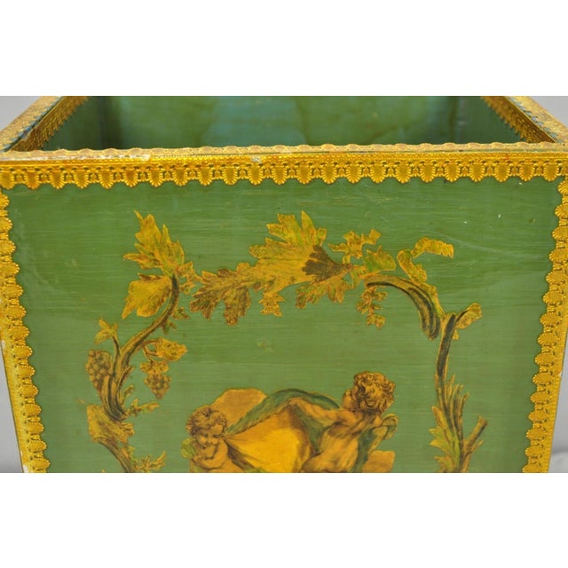 Mid 20th Century Vintage Italian Venetian Decoupage Green Gold Papier Mache Wastebasket Trash Can For Sale - Image 5 of 18