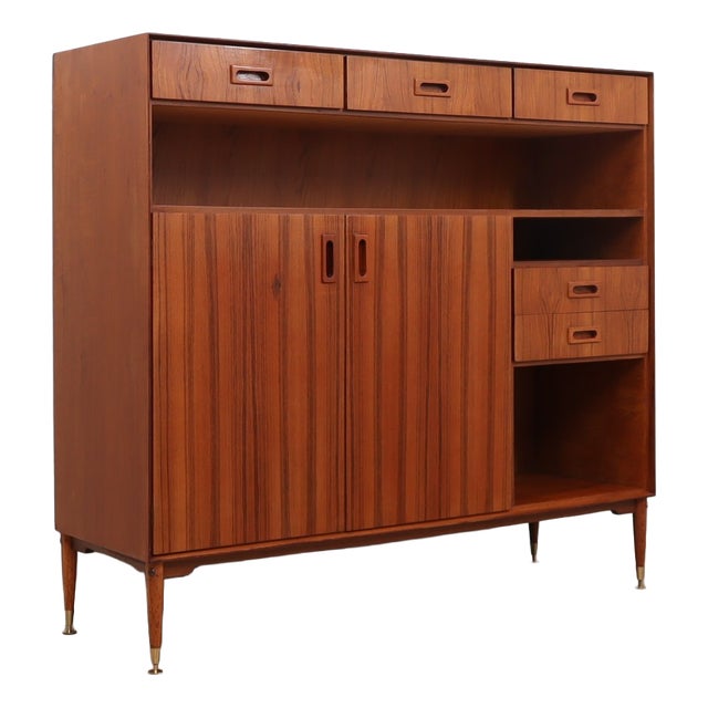 Mid-Century Italian Teak Highboard with Brass Feet, 1960s For Sale
