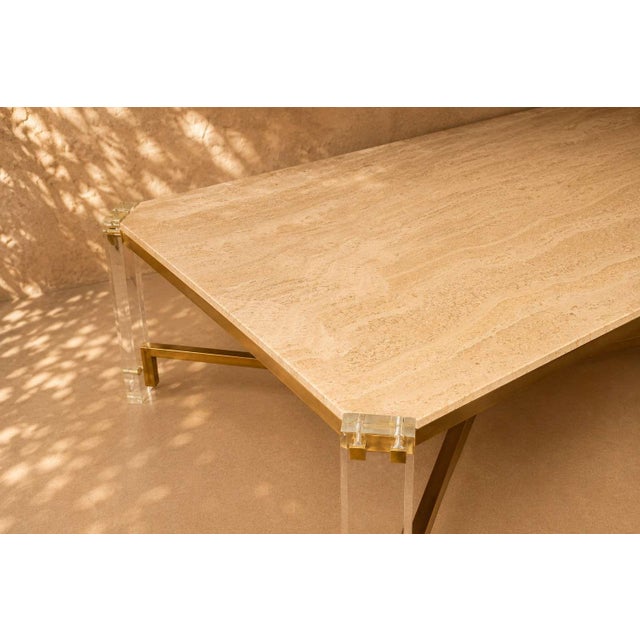 Beige Dining Table in Travertine, Gold-Tone Metal and Acrylic Glass, 1970s For Sale - Image 8 of 18