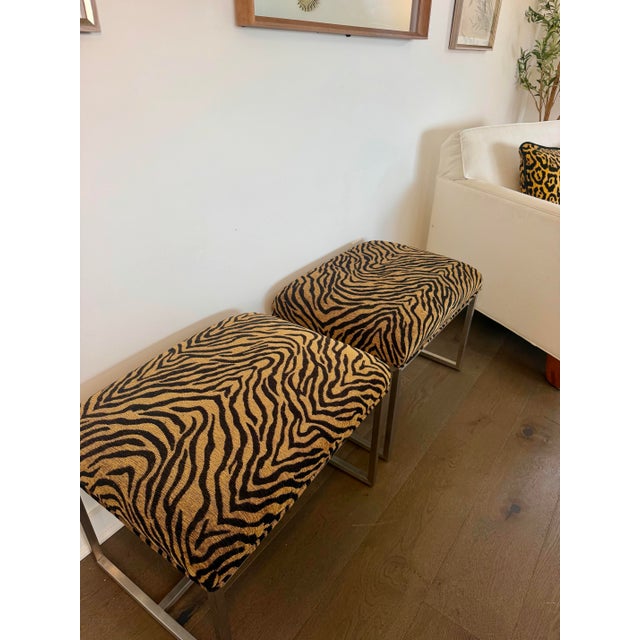 Early 21st Century Pair of Ethan Allen Black & Gold Tiger-Print Ottoman Stools For Sale - Image 5 of 9