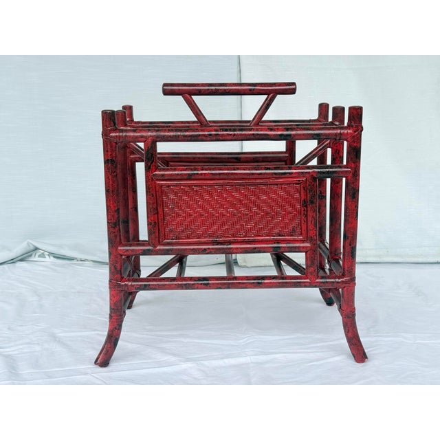 Wood Chic Vintage Vermillion Red Faux Tortoiseshell Pagoda Magazine Vinyl Record Rack - Newly Painted For Sale - Image 7 of 7