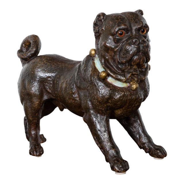 English 1900s Standing Terracotta Pug Sculpture with Glass Eyes and Collar For Sale