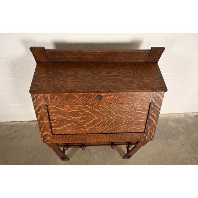 Stickley Brothers Style Antique Mission Oak Arts & Crafts Drop Front Secretary Desk, Circa 1910 For Sale - Image 14 of 18