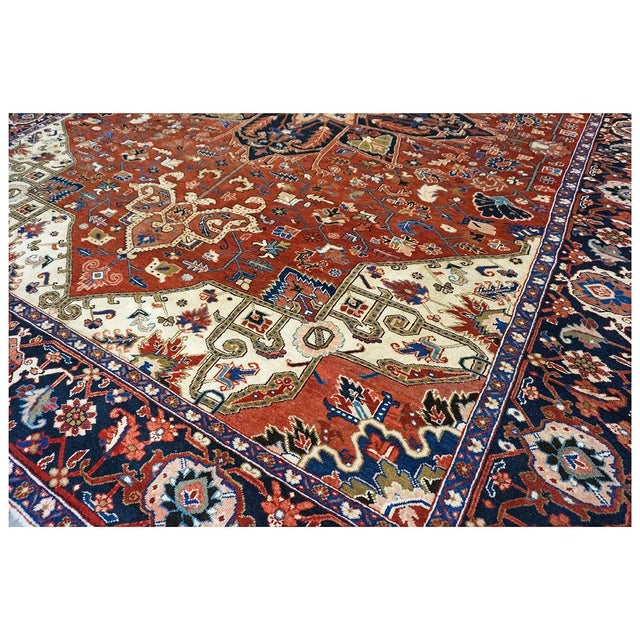 Red Vintage Persian Heriz 10x13 Red, Navy, & Ivory Handmade Area Rug #9901667 For Sale - Image 8 of 12