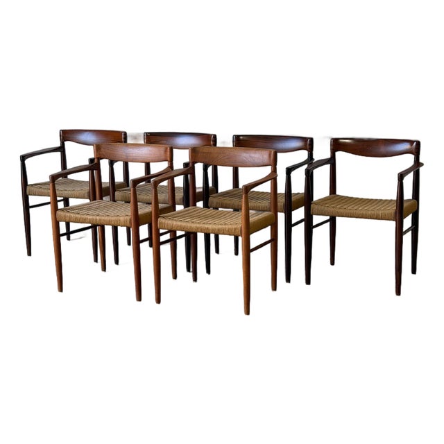 In Style of h.w. Klein for Bramin Teak and Rosewood Woven Cord Dining Armchairs Set of 6 Danish Mid-Century Modern 1960s For Sale