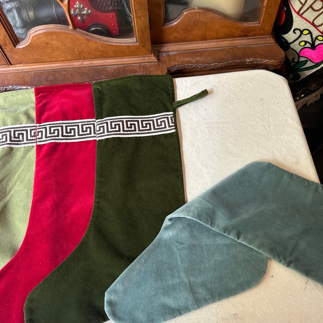 American Collection of Velvet Colorful Christmas Stockings With Greek Key Accents- Set of 7 For Sale - Image 3 of 8