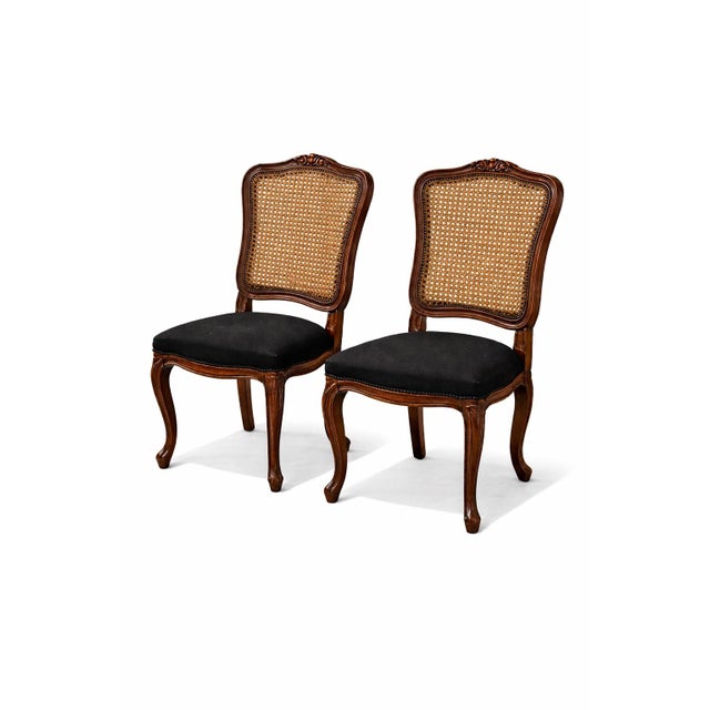 Black Mid 20th Century Refinished French Provincial Cane-Back Dining Chairs in Old Chapel Walnut With Black Upholstery – Pair For Sale - Image 8 of 8