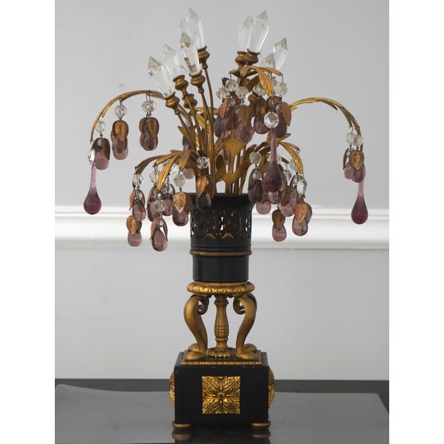Age: C. 1930’s Details: Purple & Cream Crystal Pendants French Empire Style Bronze Stole Construction Offered @ Fraction...