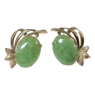 Oval Cabochon Cut Jadeite Earrings, 14k Yellow Gold For Sale