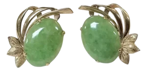Oval Cabochon Cut Jadeite Earrings, 14k Yellow Gold