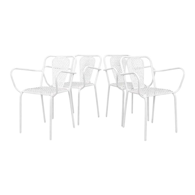 Set of Four René Malaval Garden Chairs, White Lacquered Metal, France, 1950s–60s For Sale