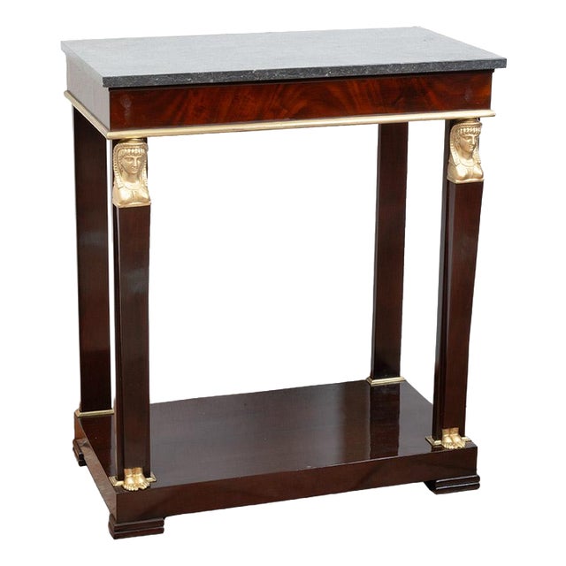 Antique 19th Century Return from Egypt Console Table in Mahogany Veneer with Belgian Marble Top, France For Sale