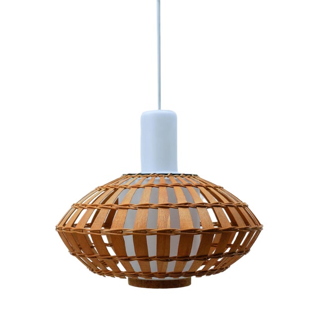 Opaline Glass and Wicker Ceiling Lamp, 1960s For Sale