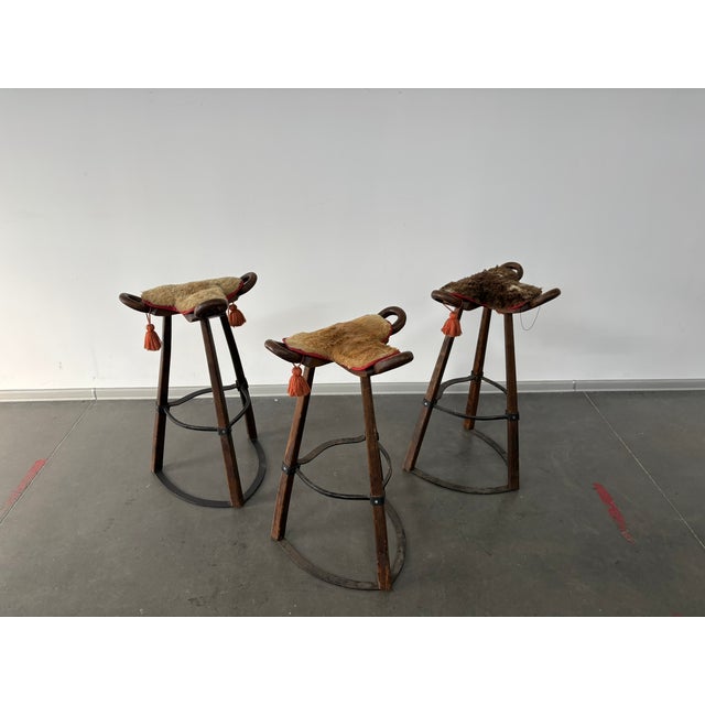 Vintage Brutalist Marbella Stools attributed to Sergio Rodrigues, 1970s, Set of 3, in Worn conditions. Designed 1970 to...