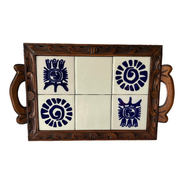 Vintage Mexican Monterrey Tile & Carved Wooden Tray For Sale