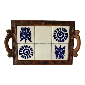 Vintage Mexican Monterrey Tile & Carved Wooden Tray