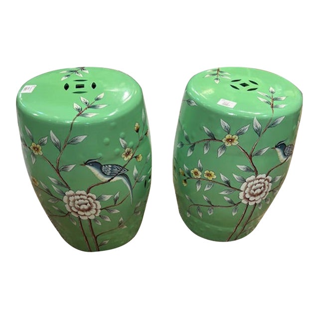 Pair of Light Green Ceramic Garden Stools For Sale