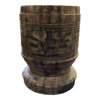 Early 20th Century Wooden Vessel From India With Visible Woodgrain and Hand Carved Brass Birds on Front For Sale