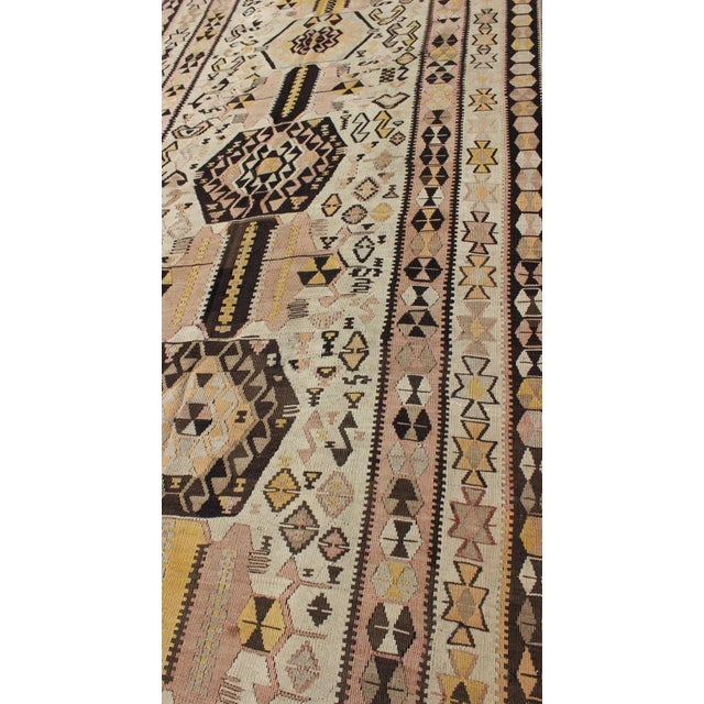 Mid 20th Century Mid 20th Century Mid 20th Century Vintage Turkish Kilim Gallery Rug With Tribal Design in Brown Pink and Yellow For Sale - Image 5 of 13