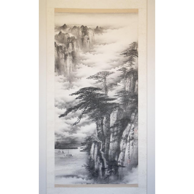 Impressive extra large Japanese ink landscape painting by Keihou. Signed and sealed by the artist. Ink on paper. Mounted...