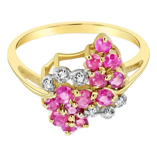 Diamond Ruby Cluster Cocktail Ring 14k Yellow Gold, Size 6 For Sale