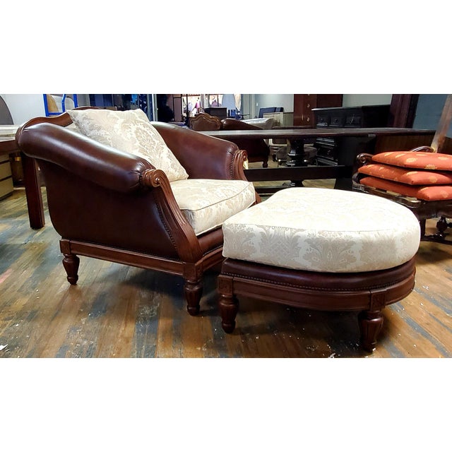 Thomasville Ernest Hemingway Leather Fabric Camel Back Chair Ottoman With Nailheads And Cherry Trim Chairish