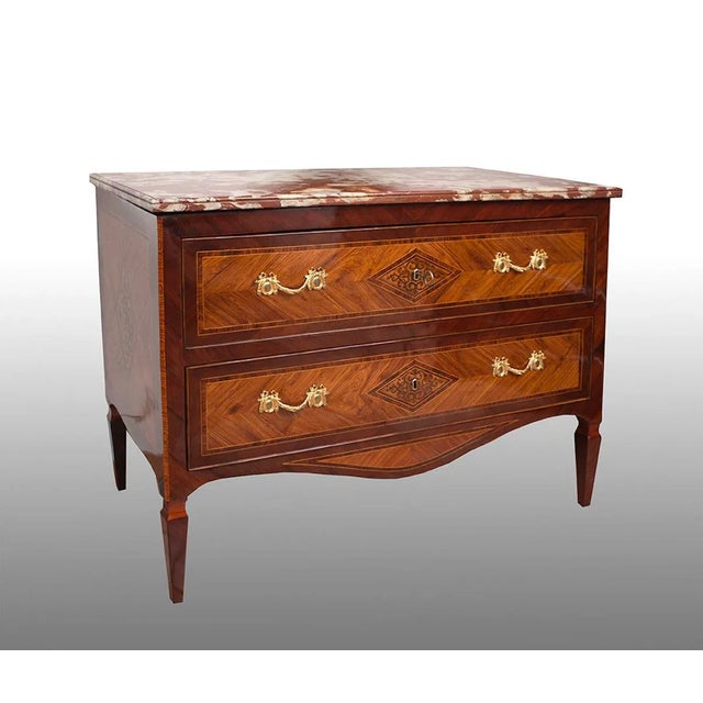 Antique Louis XVI Neapolitan Chest of Drawers in Exotic Woods with Marble Top For Sale - Image 5 of 5