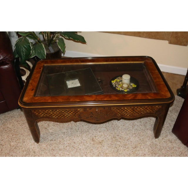 Coffee Table Wood Glass Top : Huxley Antiqued Wood Frame Glass Top Coffee Table 24291 - The table has a sunken center that allows for display storage.