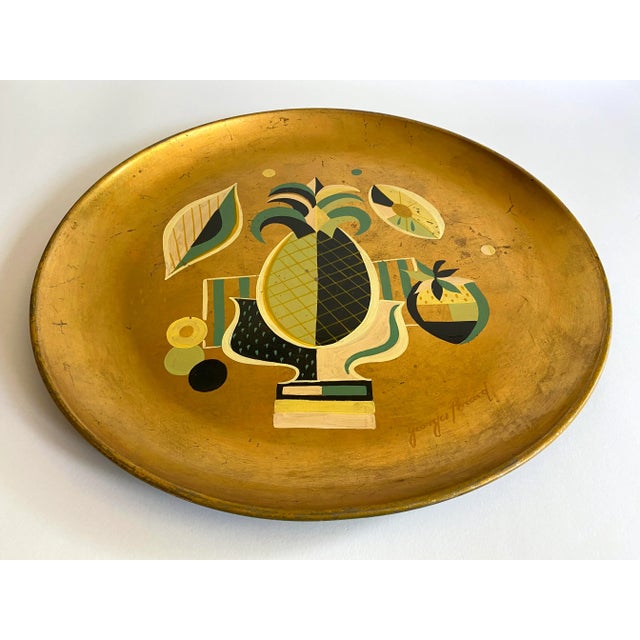 Vintage 1960's Georges Briard Mid Century Modern Gold Leaf Hand Painted Extra Large Decorative Metal Tray For Sale - Image 10 of 13