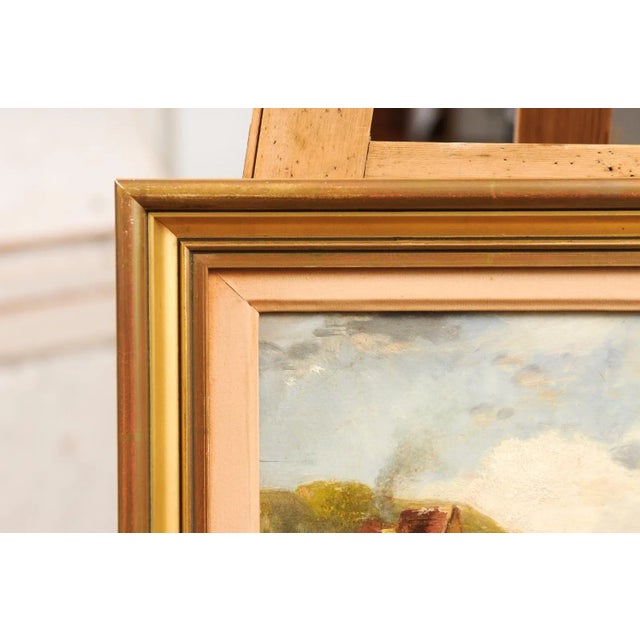 French 19th Century Framed Oil On Panel Painting Depicting a Village by the Sea For Sale - Image 9 of 12