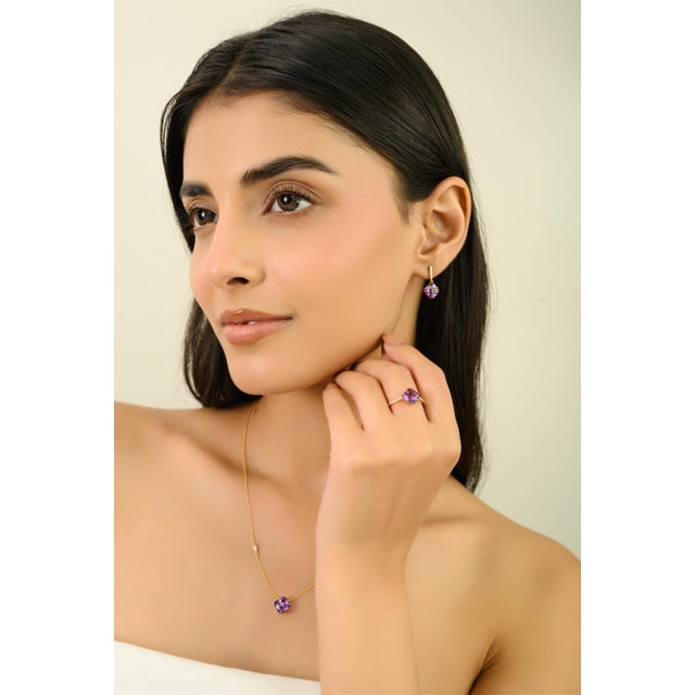 Contemporary 3.8ct Amethyst & Diamond Clover Drop Earrings in 14k Yellow Gold- 2 Pieces For Sale - Image 3 of 12