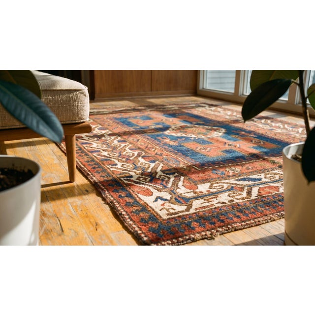 Blue 1890s Red Geometric Antique Caucasian Kazak Rug 4'10 "X 7' Handknotted Wool Carpet For Sale - Image 8 of 9