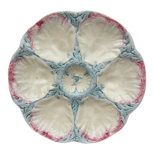 19th Century Majolica Pink & Blue Oyster Plate Gien For Sale