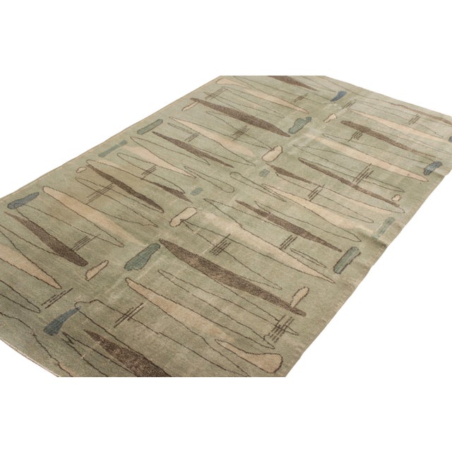 Art Deco Hand-Knotted Vintage Deco Rug in Green, Beige-Brown Geometric Pattern For Sale - Image 3 of 6