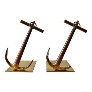 1950's Hollywood Regency Solid Brass Anchor Bookends - a Pair For Sale