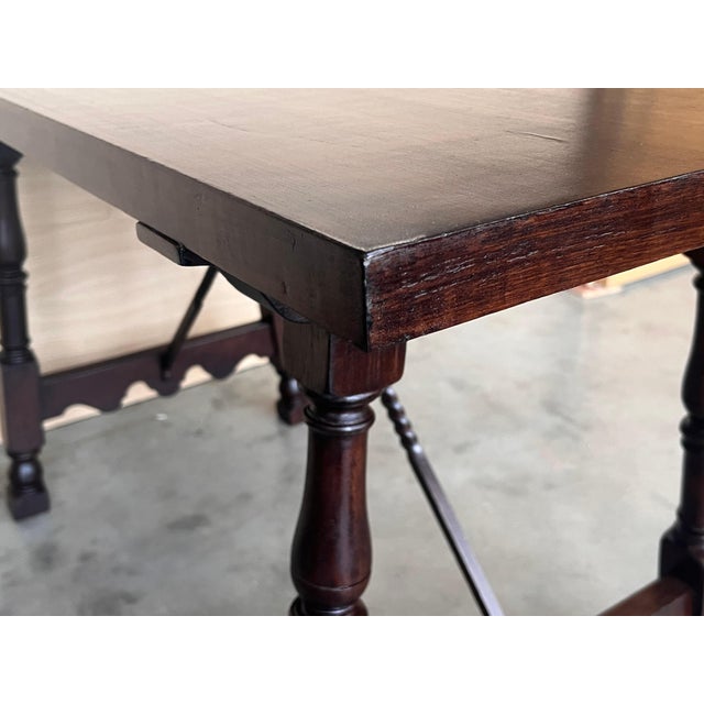 Brown 19th Spanish Side Table with Cared Turned Legs and Iron Stretcher For Sale - Image 8 of 18