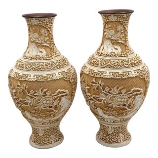 Antique Chinese Hand Carved Lacquered Cinnabar Over Brass Floral Motif Vase Set For Sale