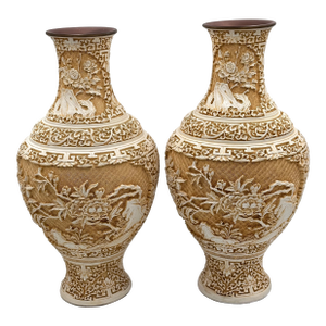Antique Chinese Hand Carved Lacquered Cinnabar Over Brass Floral Motif Vase Set
