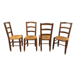 Vintage Brutalist Chairs in Wood and Straw, 1960s, Set of 4 For Sale