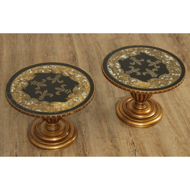 1960s Hollywood Regency Pair Round Eglomise Gold Pedestal End Tables