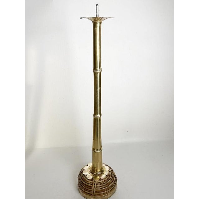Wood Brass and Rattan Candleholder in the style of Gae Aulenti, France, 1970s For Sale - Image 7 of 11