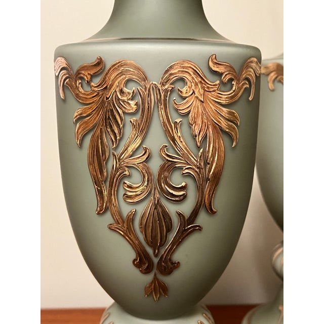 1930s Victorian Neoclassical Celadon Glass Table Lamps With Gold Accents and Detailed Filigree Ormolu Bases, a Pair For Sale - Image 6 of 11