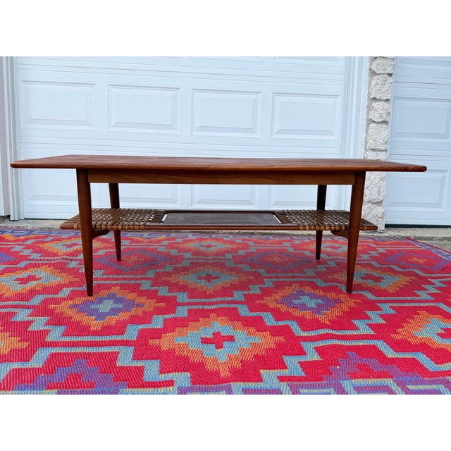 1960s Extra Large Danish Teak Coffee Table With Cane Shelf For Sale - Image 12 of 14