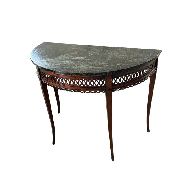 Mid 18th Century Massive Antique Demilune Mahogany Console Table With Green Marble Top – Louis XVI Neoclassical / George III Style Entryway Fretwork Accent Table For Sale - Image 5 of 12