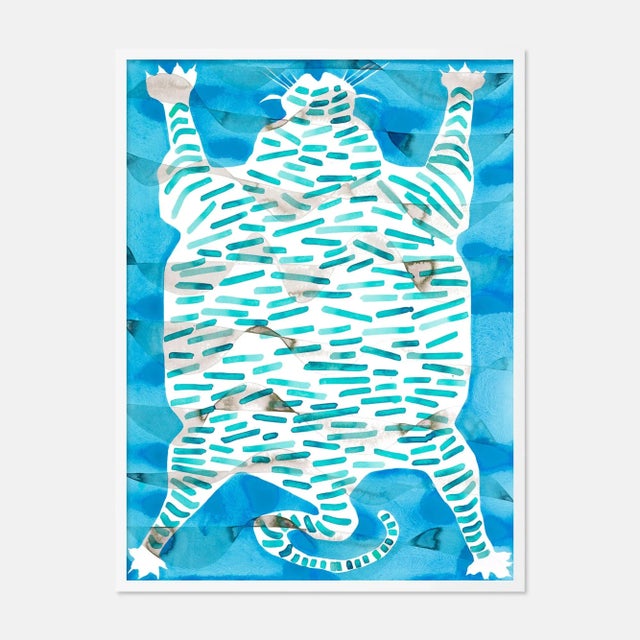 Contemporary Tiger Rug Turquoise by Kate Roebuck in White Framed Paper, Small Art Print For Sale - Image 3 of 3