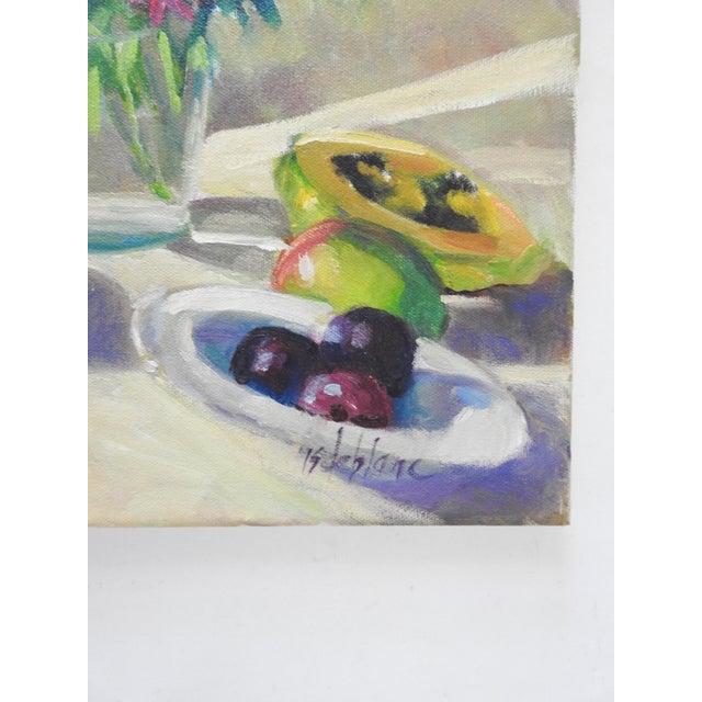 Late 20th century impressionist oil on canvas still life with Gerbera daisies and fruit. Signed Isabel De Blanc (20th/21st...