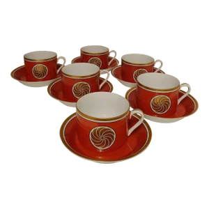 1970s Fitz and Floyd Terracotta Medallion d'Or Cups and Saucers Set- 12 Pieces